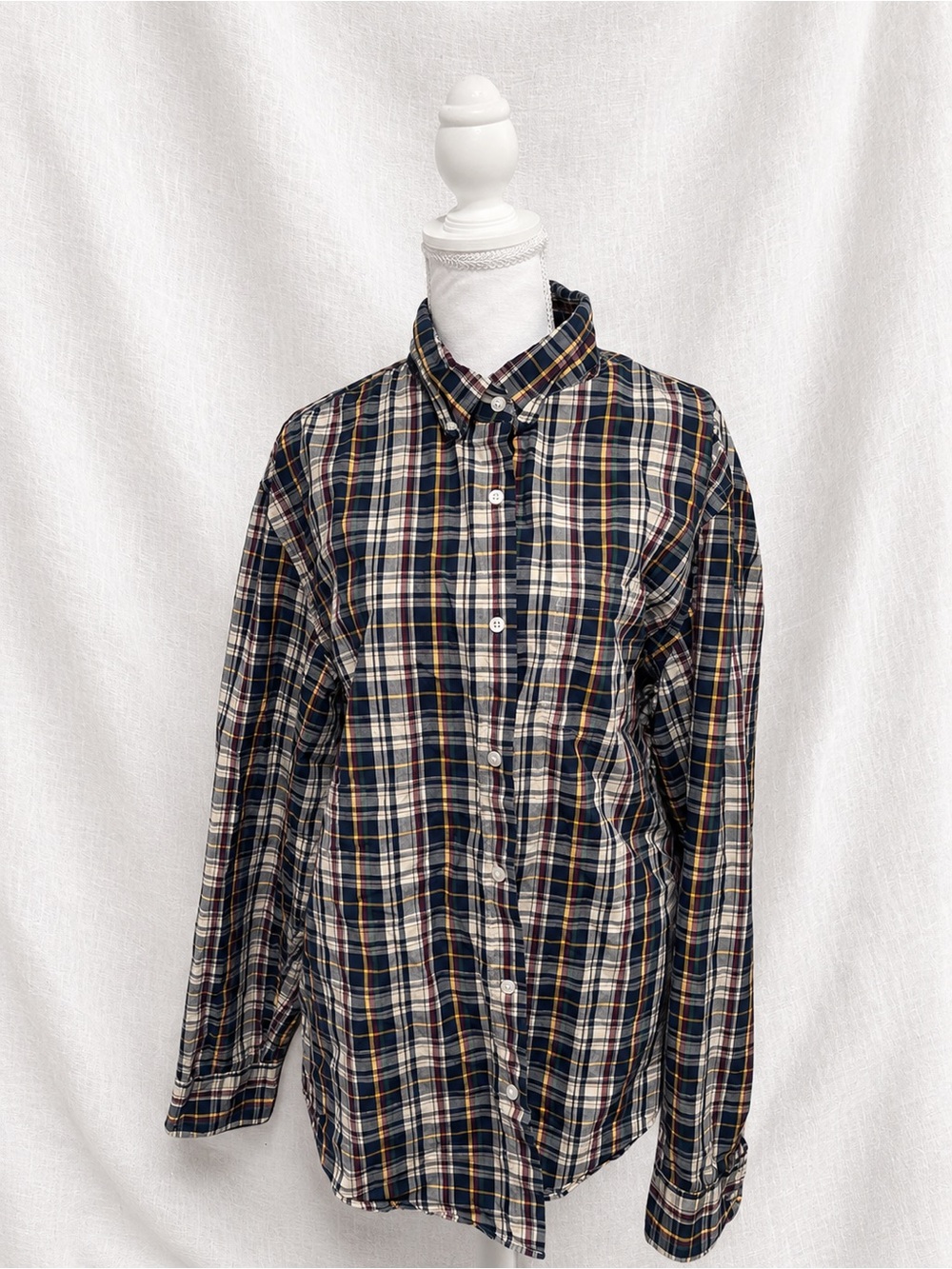 J. Crew Navy Plaid Button-Up Shirt with Cream and Yellow